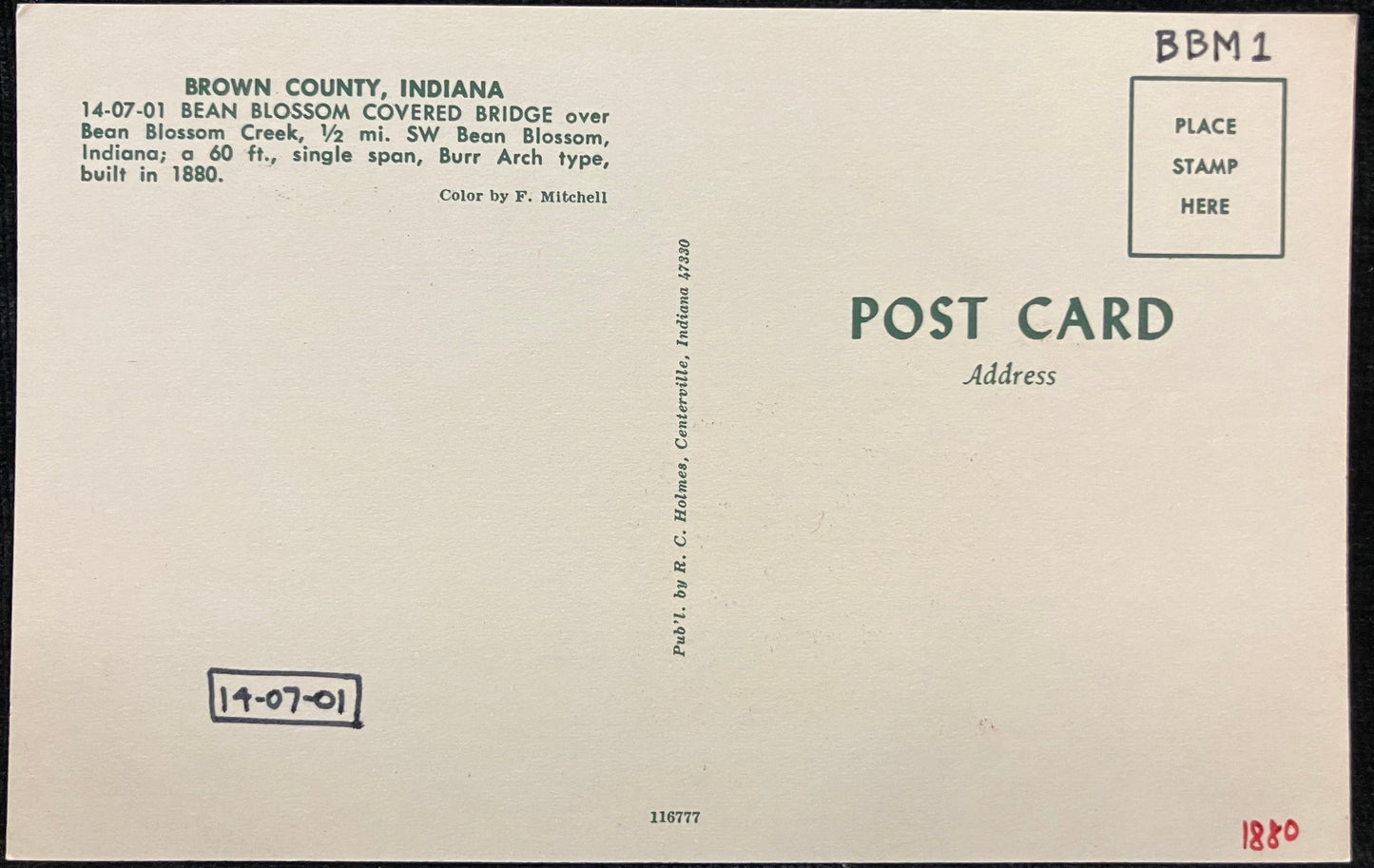 Bean Blossom Covered Bridge in Brown County, Indiana - Photo: F. Mitchell - Vintage Covered Bridge Postcard