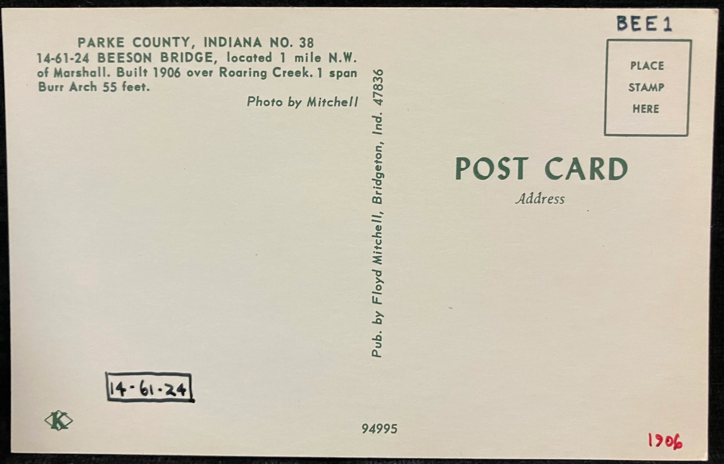 Beeson Bridge in Parke County, Indiana - Photo: Floyd Mitchell - Vintage Covered Bridge Postcard