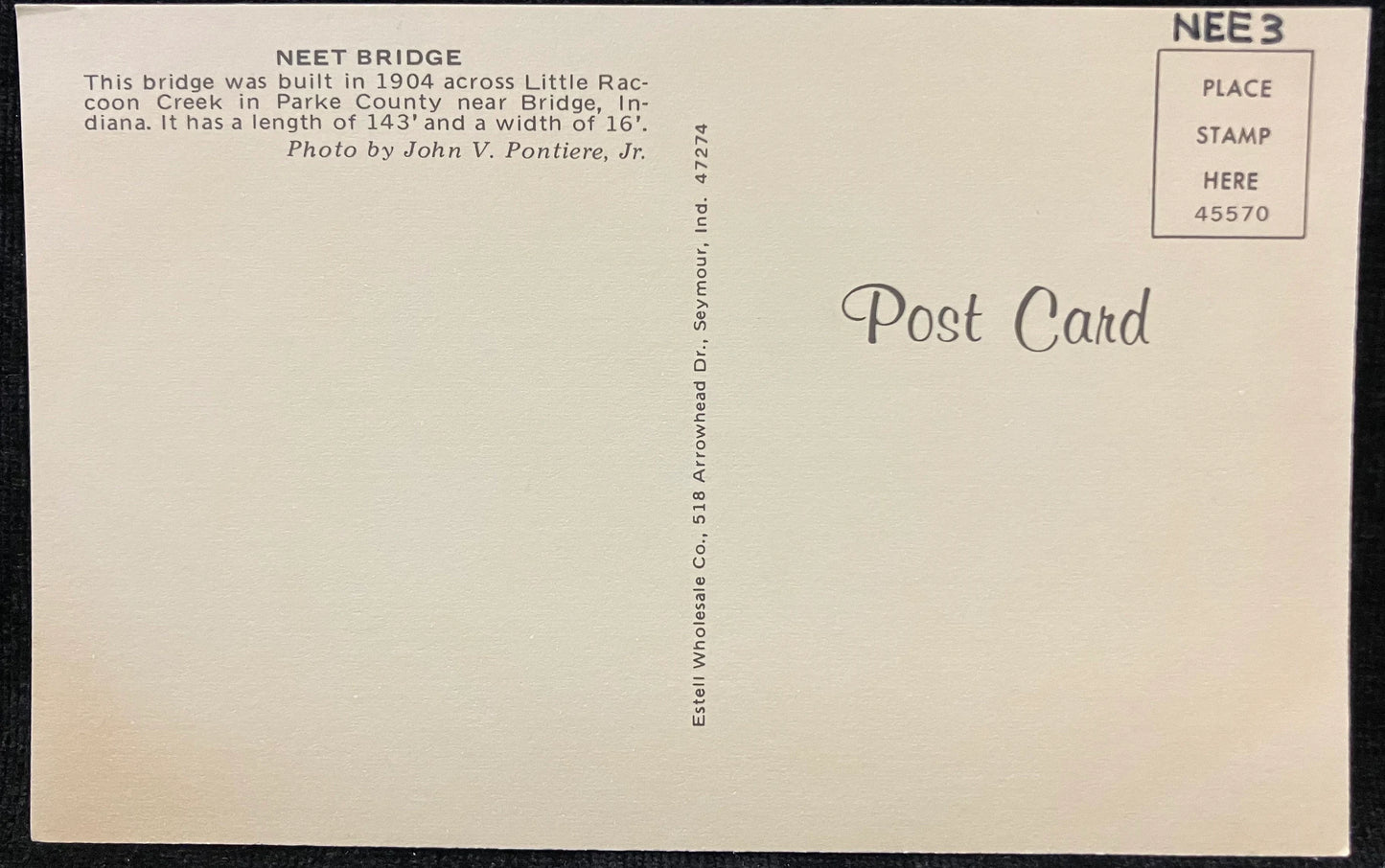 Neet Bridge near Bridge, Indiana - Photo: John Pontiere Jr. - Vintage Covered Bridge Postcard