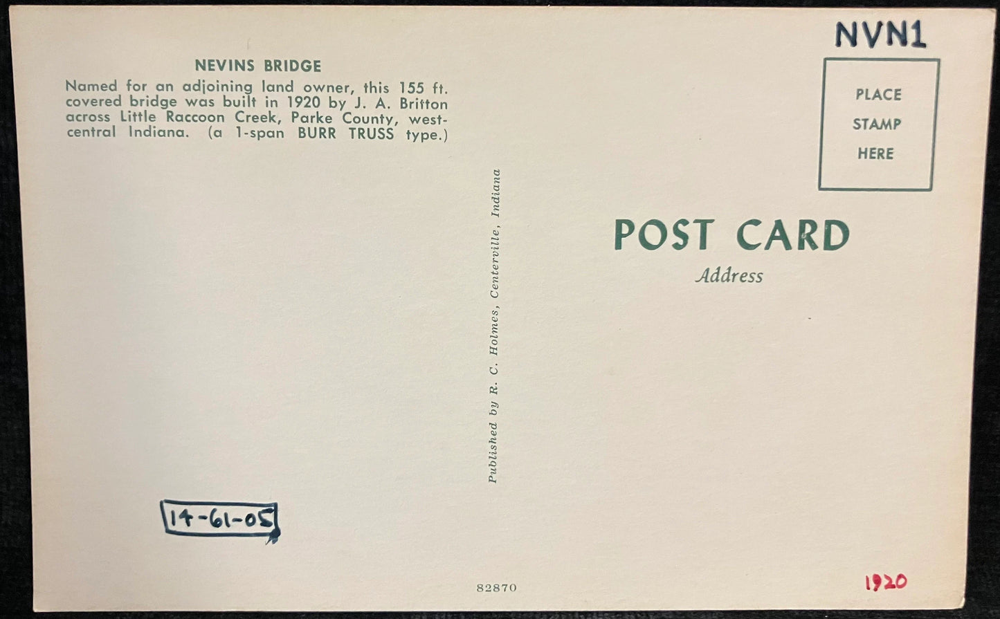 Nevins Bridge - Parke County, Indiana - Vintage Covered Bridge Postcard