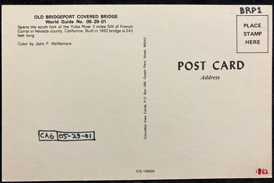 front: Old Bridgeport Covered Bridge in California back: OLD BRIDGEPORT COVERED BRIDGE World Guide N
