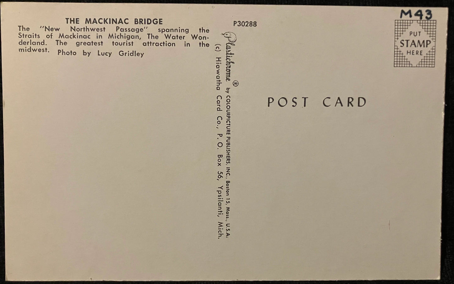 The Mackinac Bridge over the Straits of Mackinac in Michigan - Photo: Lucy Gridley - Vintage Bridge Postcard