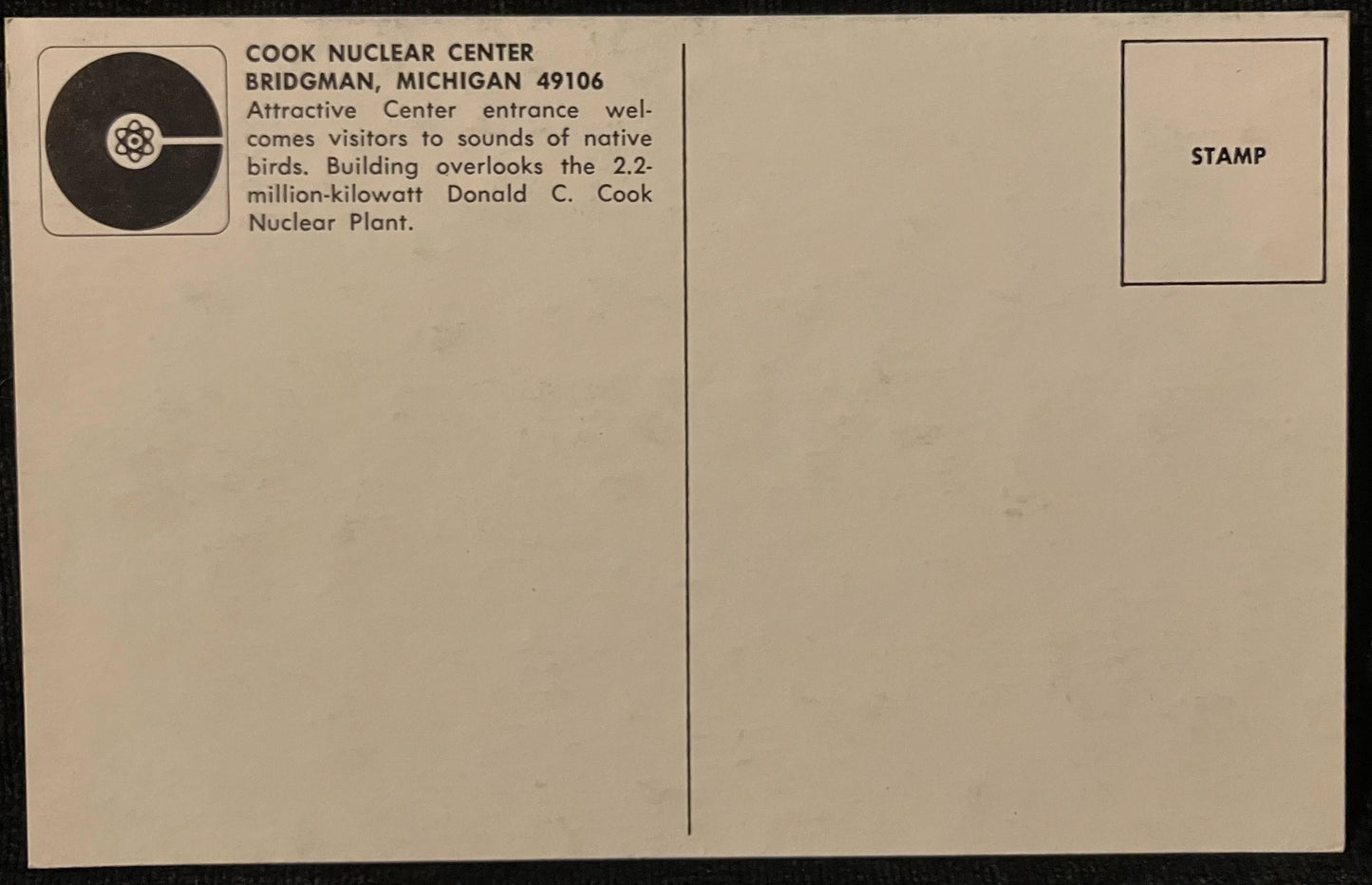 Cook Nuclear Center Bridgeman, Michigan - Vintage Postcard