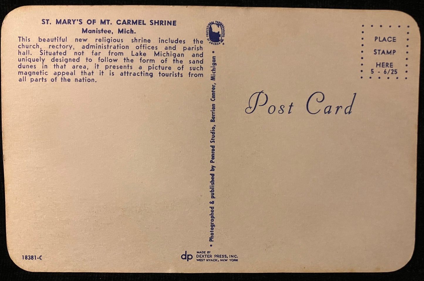 St. Mary’s of Mt. Carmel Shrine in Manistee, Michigan - Vintage Church Postcard