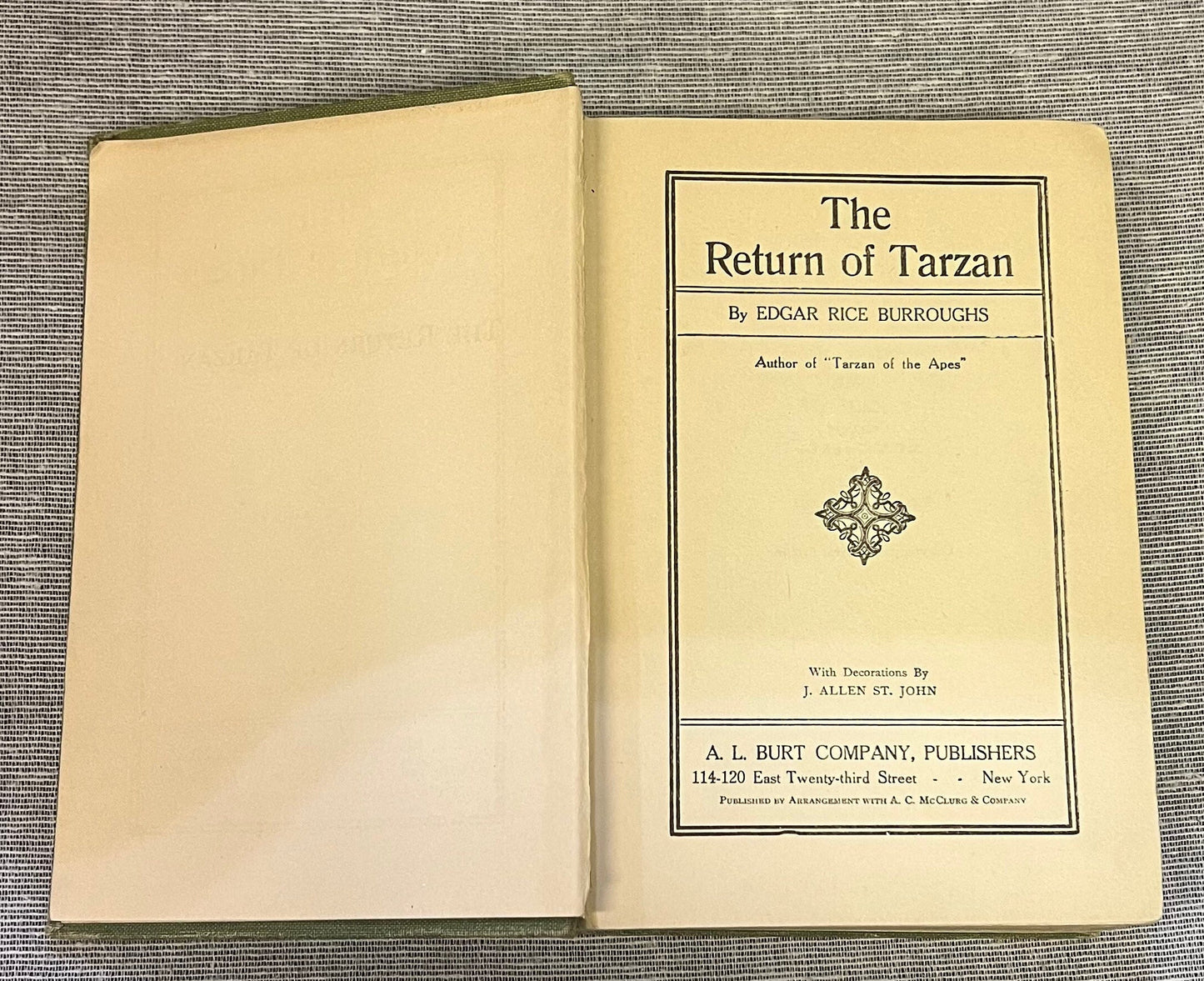 The Return of Tarzan by Edgar Rice Burroughs - Hardcover Book - Second inTarzan Series - Copyright 1915 - Publ. March 1915- A.L. Burt Co.