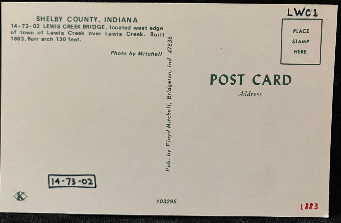 Lewis Creek Bridge in Shelby County, Indiana - Photo: Mitchell - Vintage Coverd Bridge Postcard