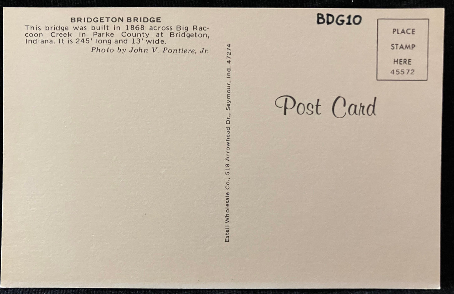 Bridgeton Bridge over Big Raccoon Creek in Parke County, Indiana - Photo: John V. Pontiere Jr. - Vintage Coverd Bridge Postcar