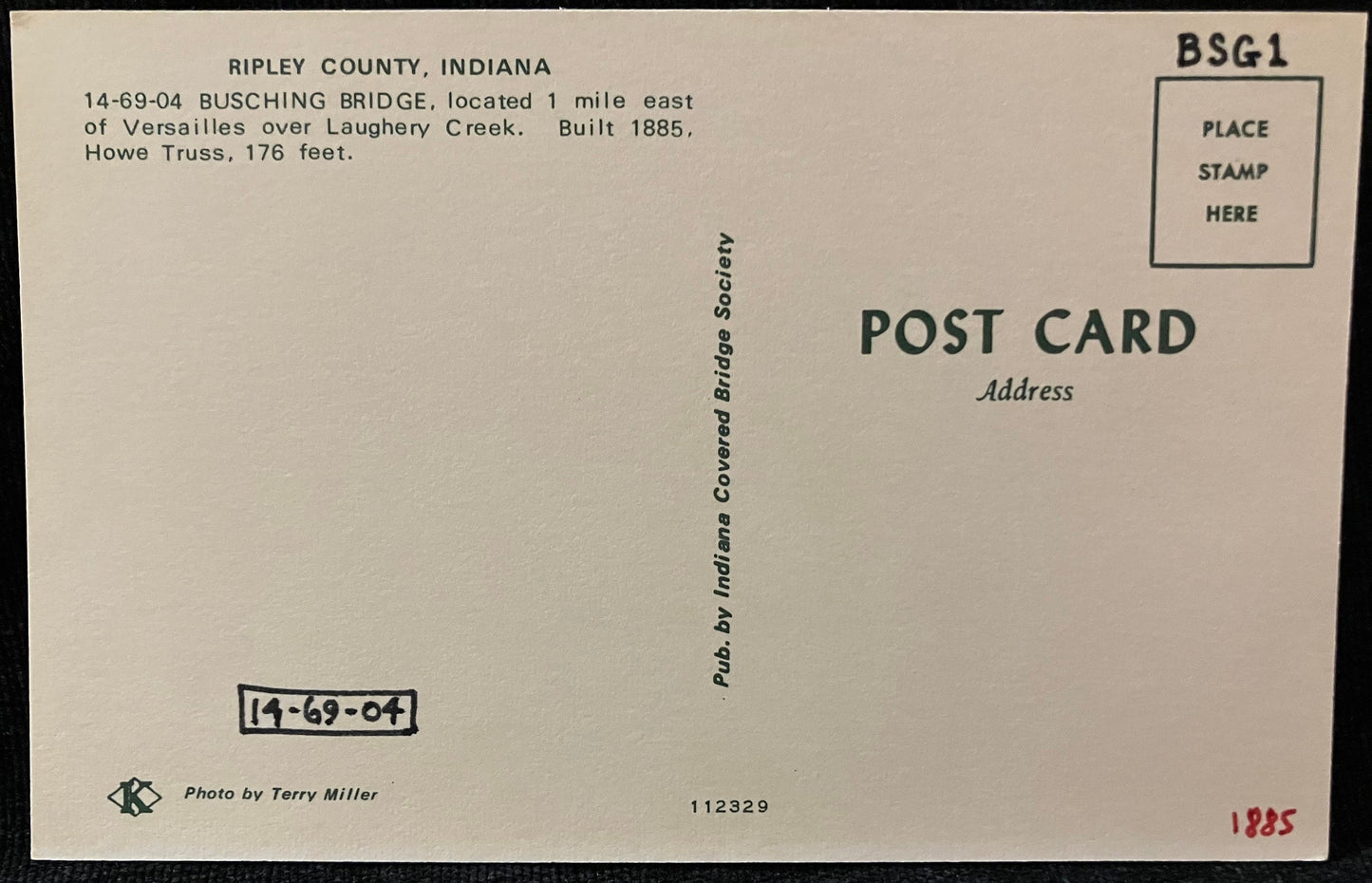 Busching Bridge in Ripley County, Indiana - Photo by Terry Miller - Vintage Covered Bridge Postcard