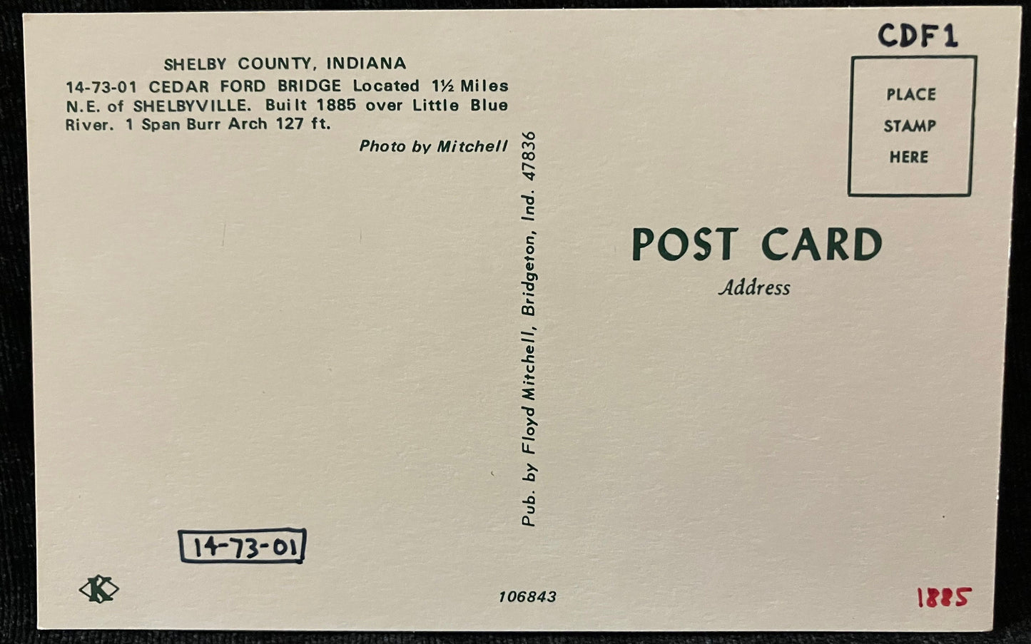 Cedar Ford Bridge in Shelby, Indiana County, Indiana - Photo by Mitchell - Vintage Covered Bridge Postcard