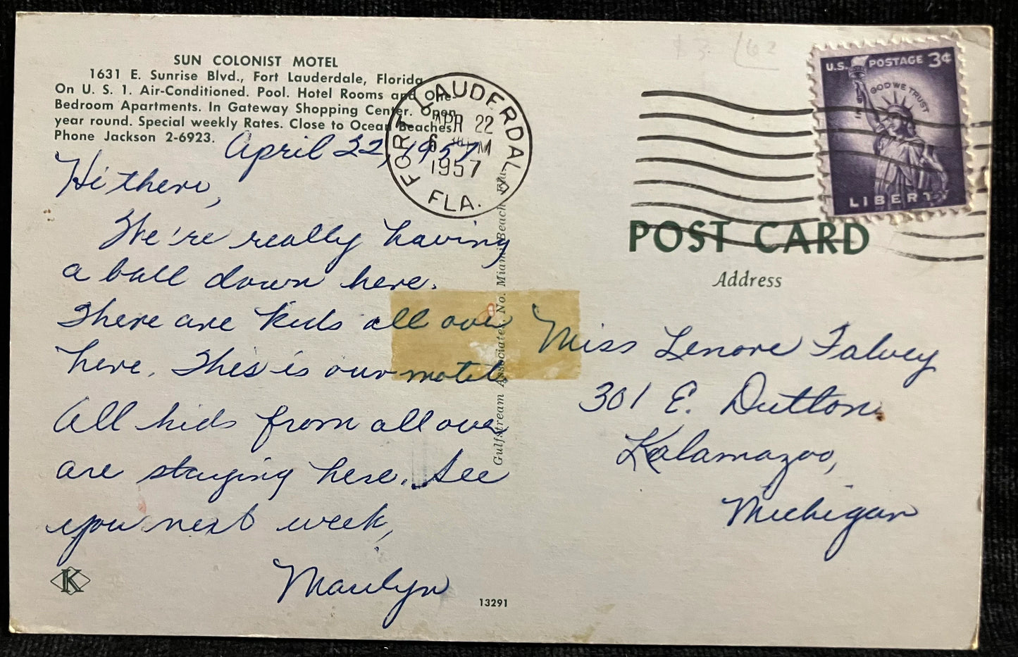 Sun Colonist Motel from Fort Lauderdale, Florida - Vintage Motel Postcard