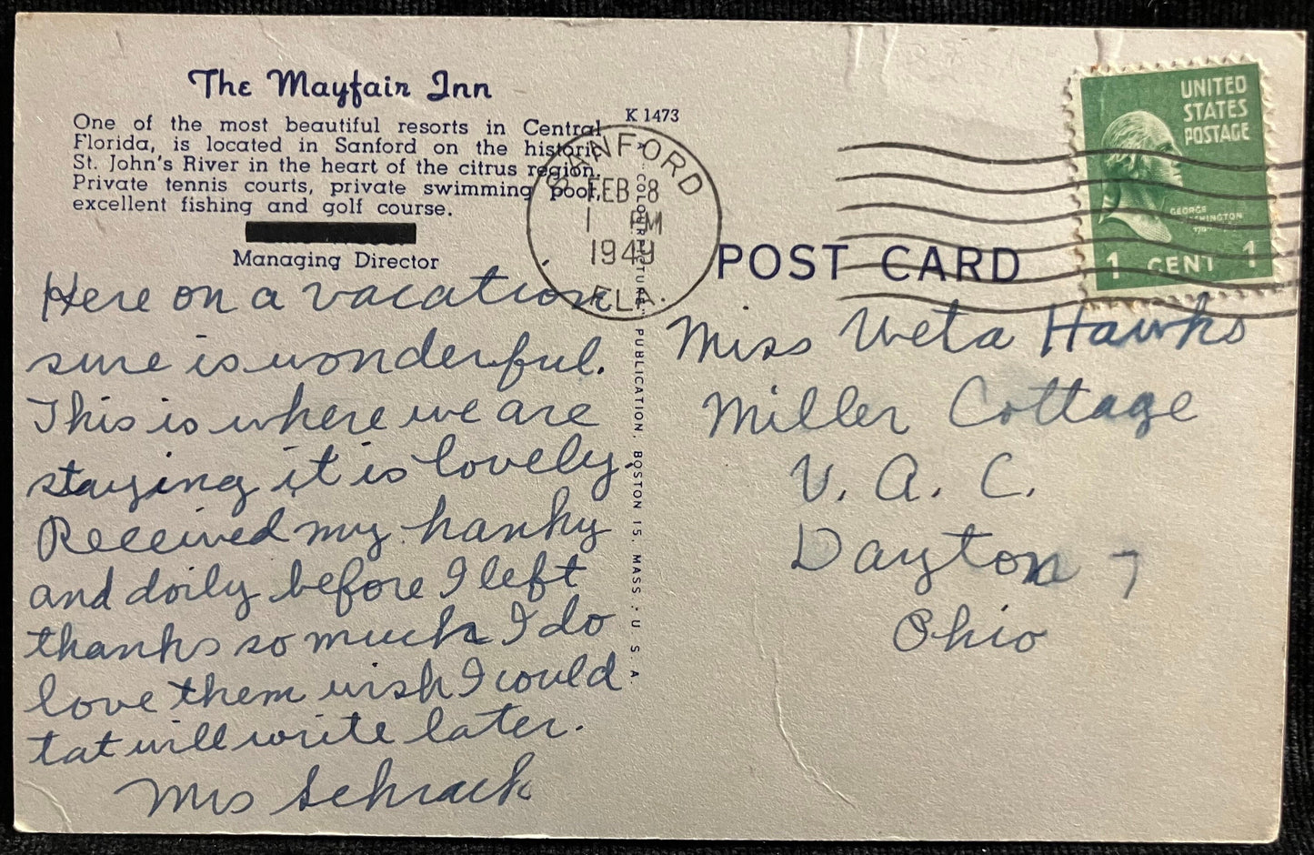 The Mayfair Inn in Sanford, Florida - Vintage Inn Postcard