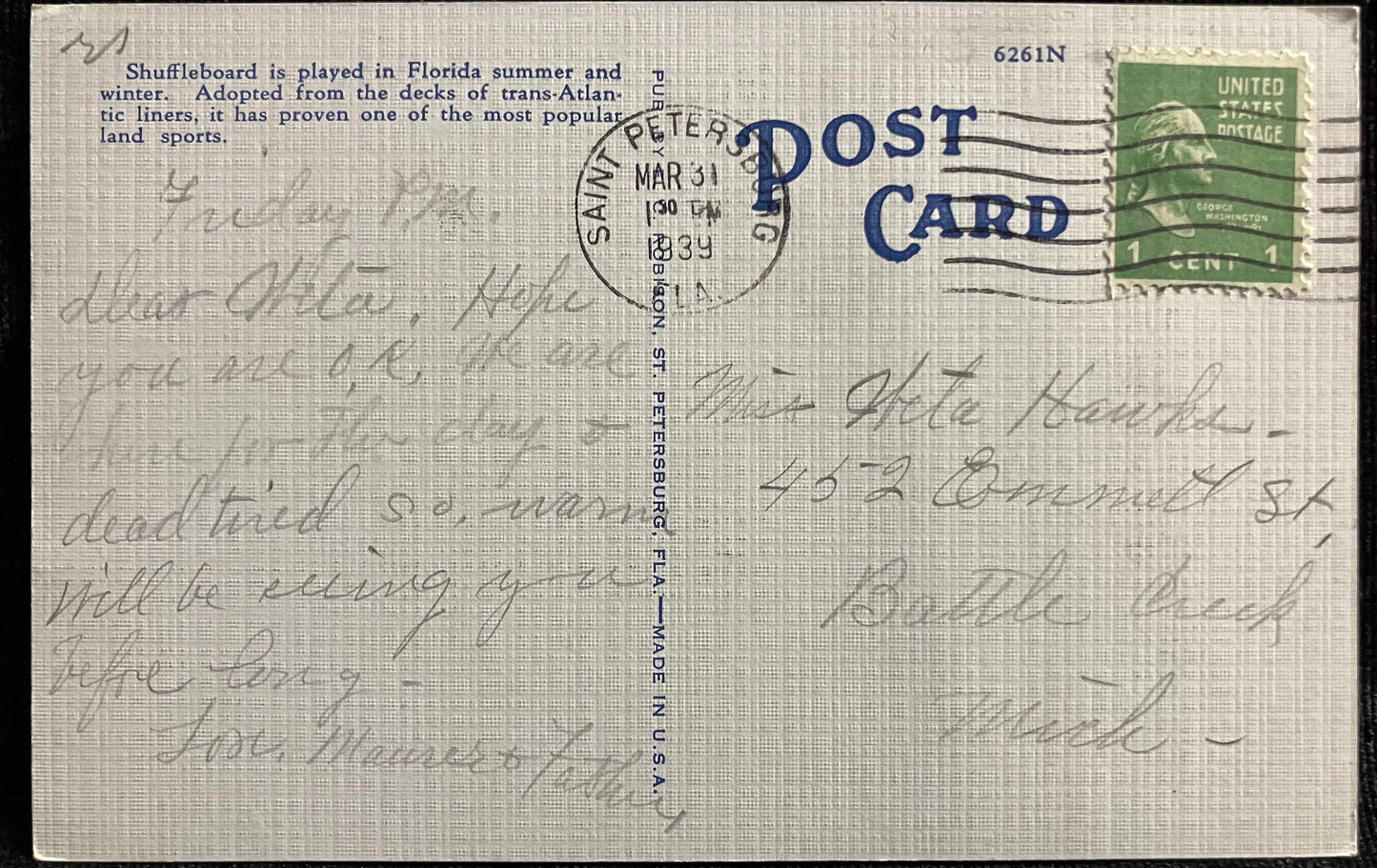 Shuffleboard Courts, St. Petersburg, Florida, “The Sunshine City” - Vintage Postcard