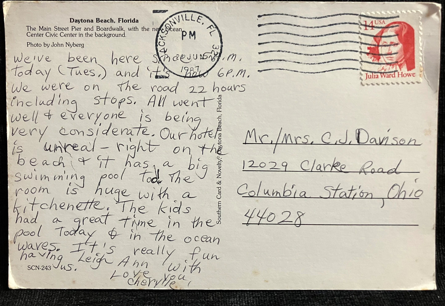 Daytona Beach, Florida - Photo: John Nyberg - With Red, Fourteen cent, Julia Ward Howe stamp - Vintage Postcard