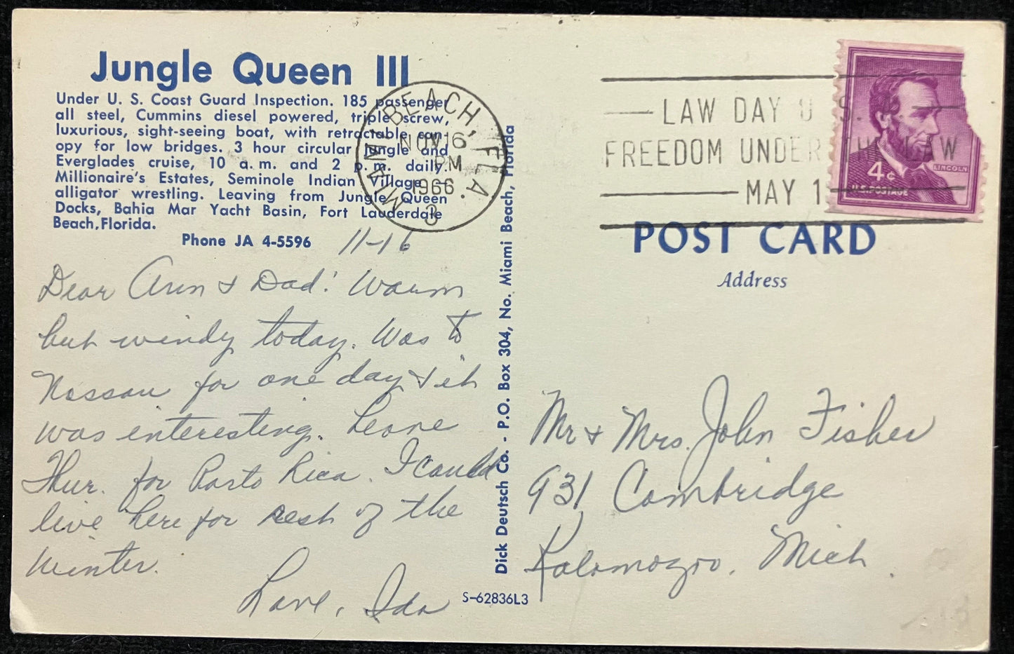 Jungle Queen - Circular Jungle and Everglades Cruise Bahia Mar Yacht Basin in Florida - Indian Trading Post - Alligator Wrestling - Postcard