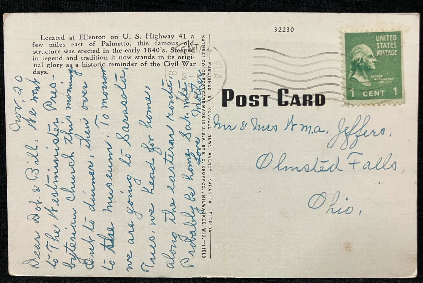 Gamble Mansion, Confederate Memorial, Bradenton, Florida - Vintage Civil War History Postcard