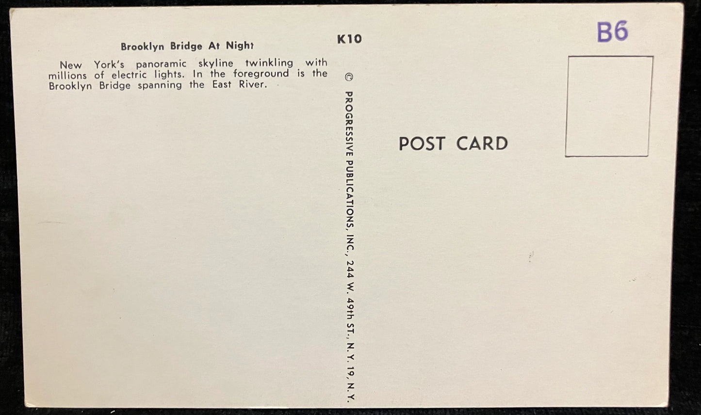 Brooklyn Bridge at Night - New York - Vintage Bridge Postcard