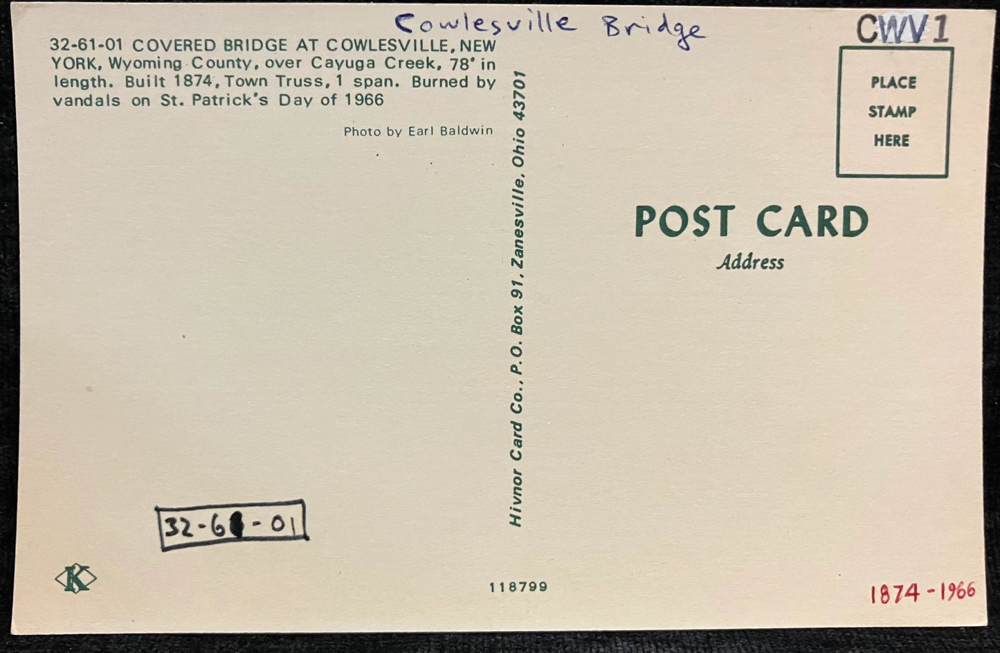 Covered Bridge at Cowlesville, New York - Cowlesville Bridge - Photo: Earl Baldwin - Vintage Bridge Postcard