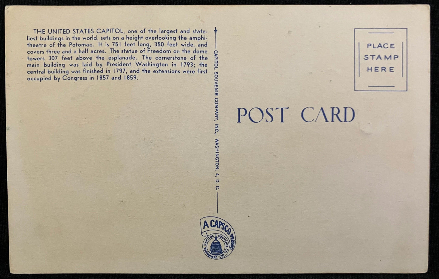 U. S. Capitol, Washington D.C., Maryland - Capitol Souvenir Co. Inc. - Vintage Postcard
