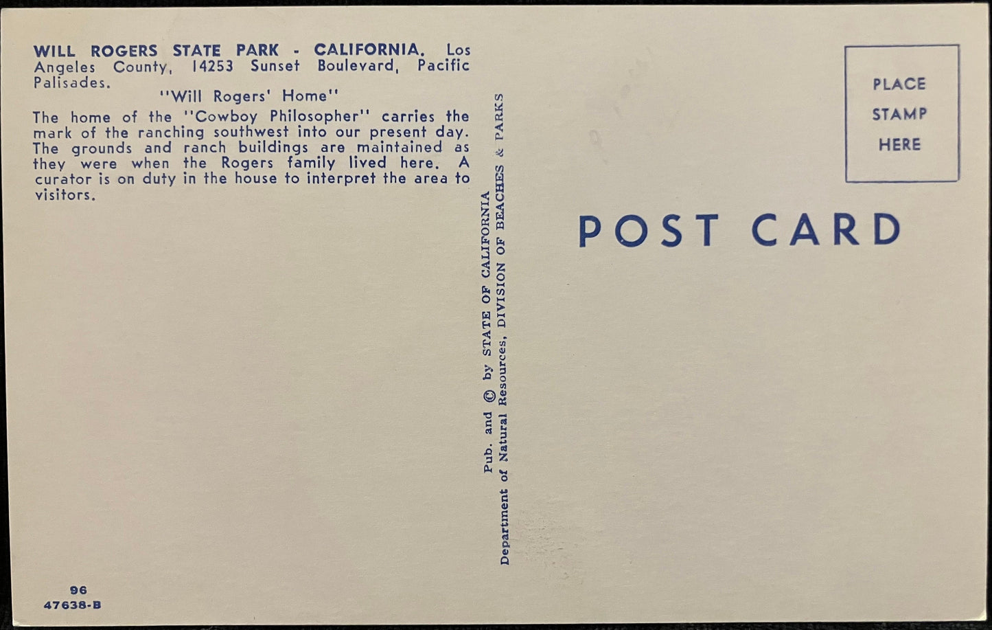 Will Rogers’ Home at Will Rogers State Park - Los Angeles, California - Vintage Park Postcard