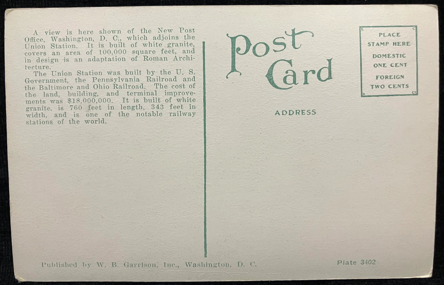 New Post Office and Union Station, Washington D. C., Maryland - Vintage Post Office Postcard