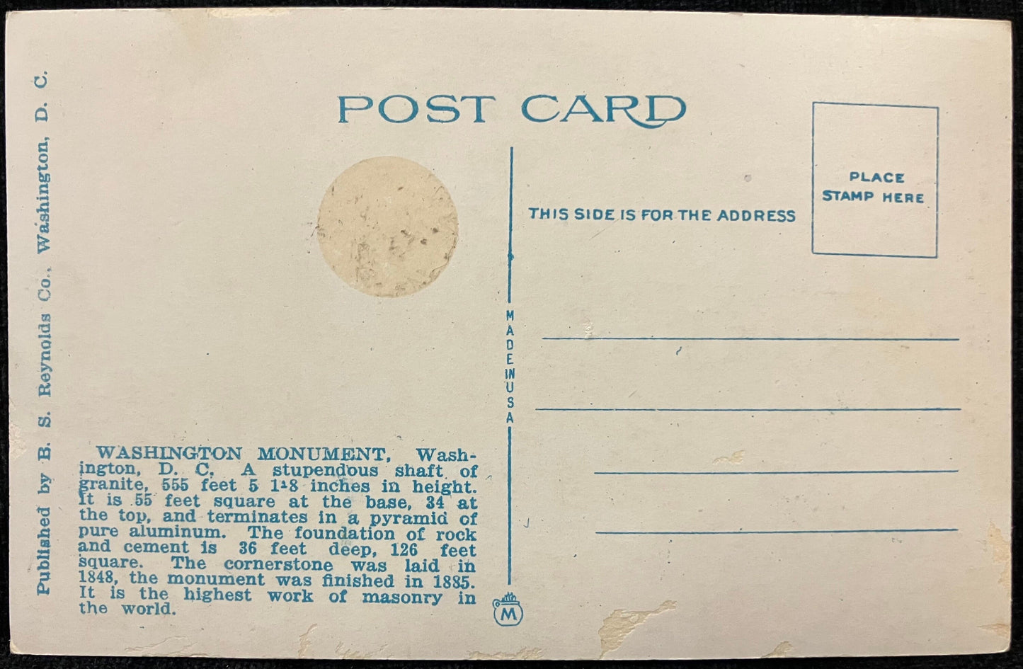Washington Monument (Height 555 Feet), Washington, D. C., Maryland - Vintage Postcard