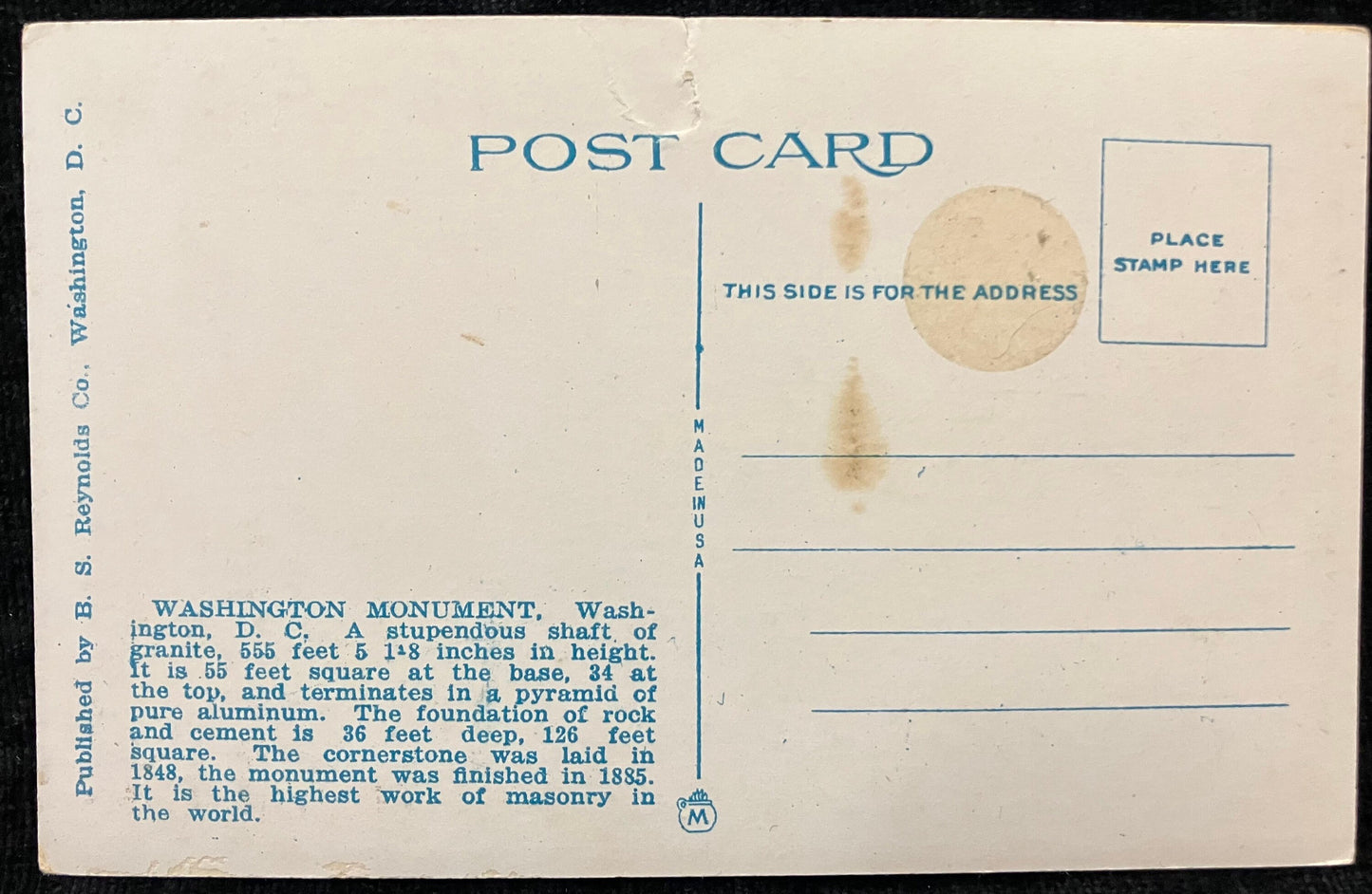 Washington Monument (Height 555 Feet), Washington, D. C., Maryland - Vintage Postcard