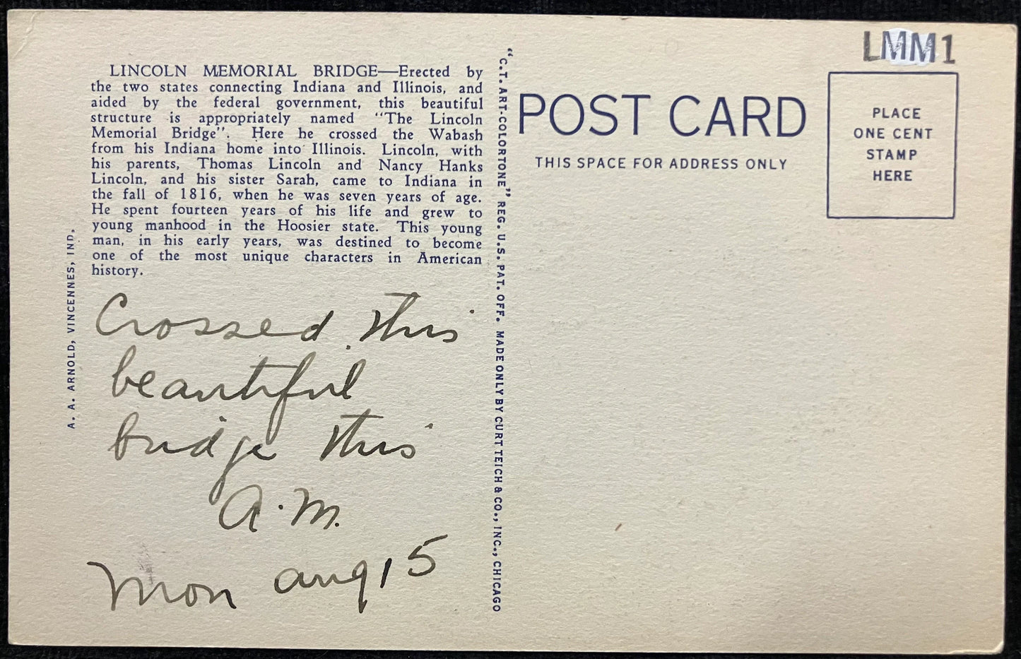 The Beautiful Lincoln Memorial Bridge over the Historic Wabash River, Vincennes, Indiana - Vintage Bridge Postcard