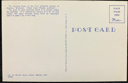 First Unitarian Society of Madison, Wisconsin - Vintage Frank Lloyd Wright Church Postcard - Mid Cen