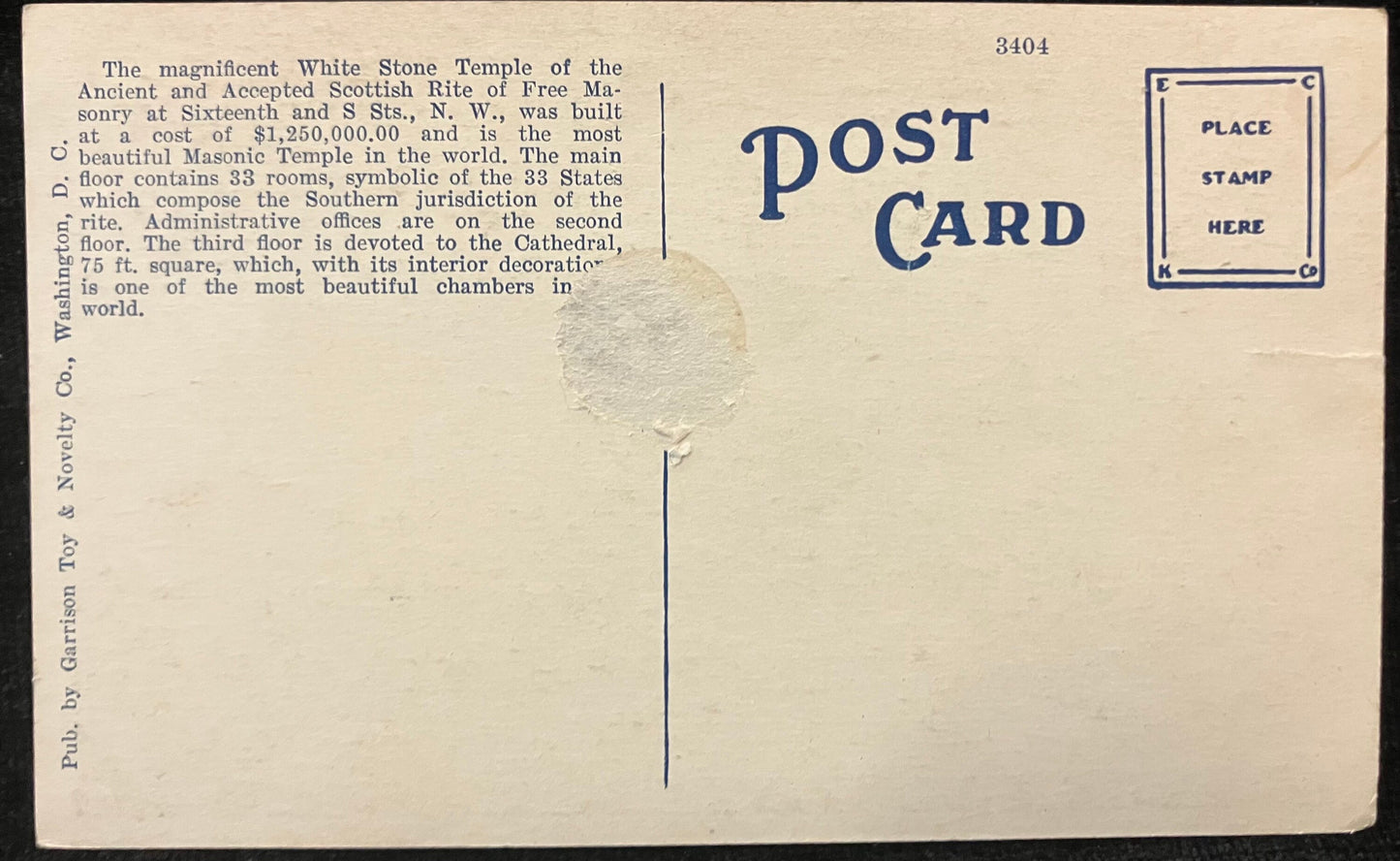 Temple of Scottish Rite, Washington, D.C., Maryland - Vintage Masonic Temple Postcard
