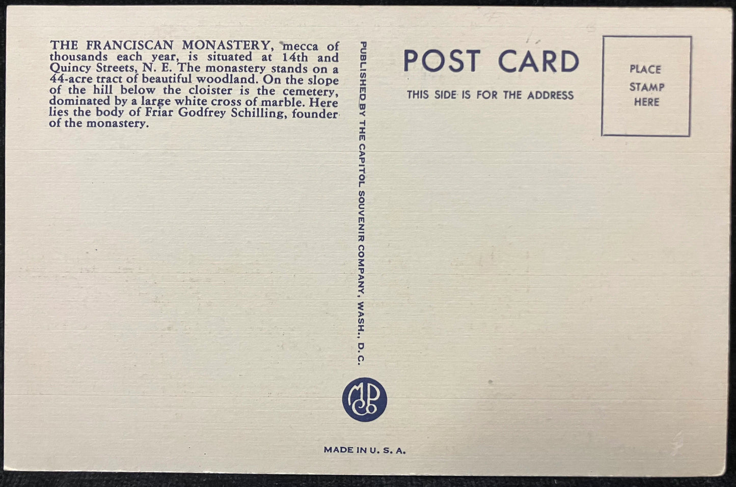 The Franciscan Monastery, Washington D. C., Maryland - Vintage Monastery Postcard