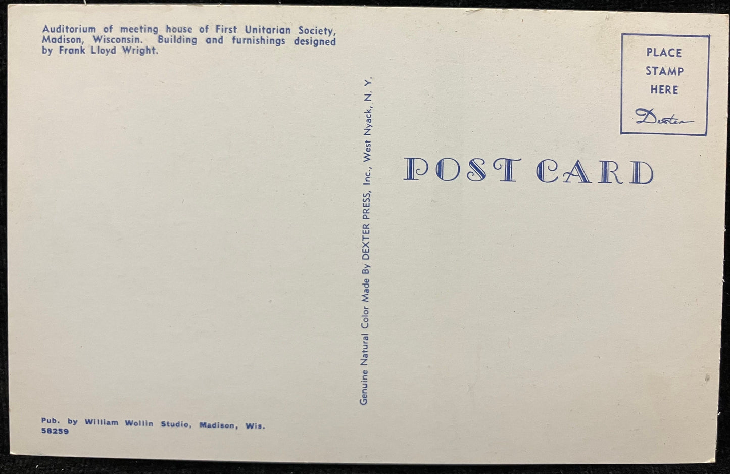 Auditorium of First Unitarian Society of Madison - Church designed by Franklin Lloyd Wright in Wisconsin - Vintage Church Postcard