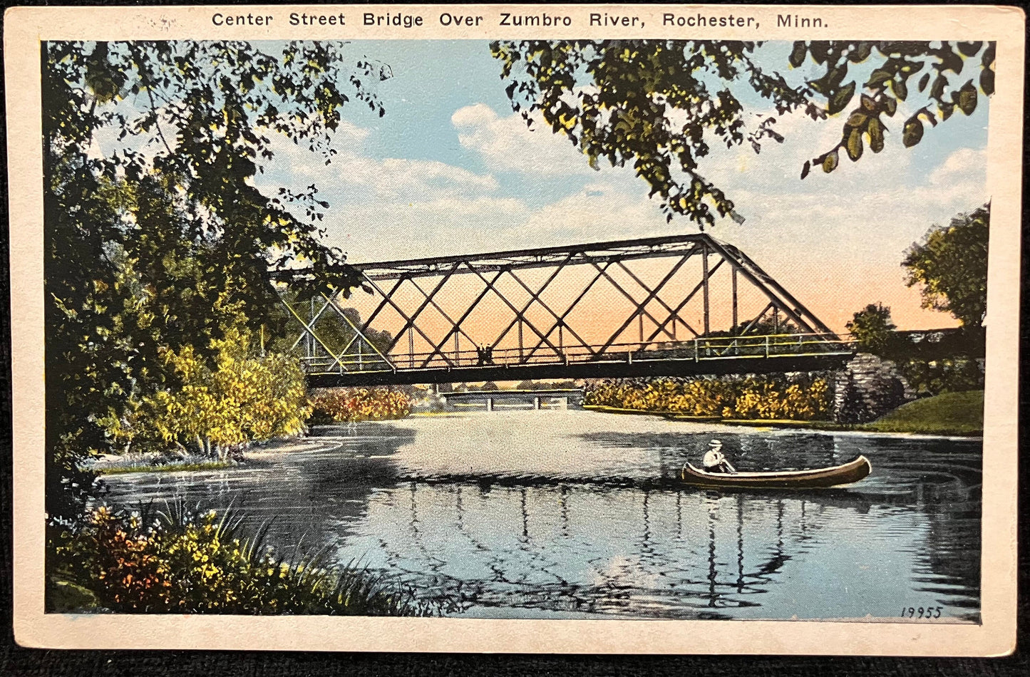 Center Street Bridge Over Zumbro River, Rochester, Minn. - Vintage Bridge Postcard - Canoeing in 1910 on the Zumbro River