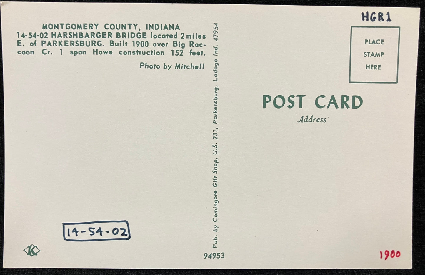 Harshbarger Bridge in Montgomery County, Indiana - Photo: Mitchell - Vintage Covered Bridge Postcard