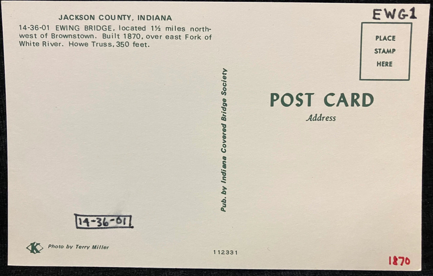 Ewing Bridge in Jackson County, Indiana - Photo: Terry Miller - Vintage Covered Bridge Postcard