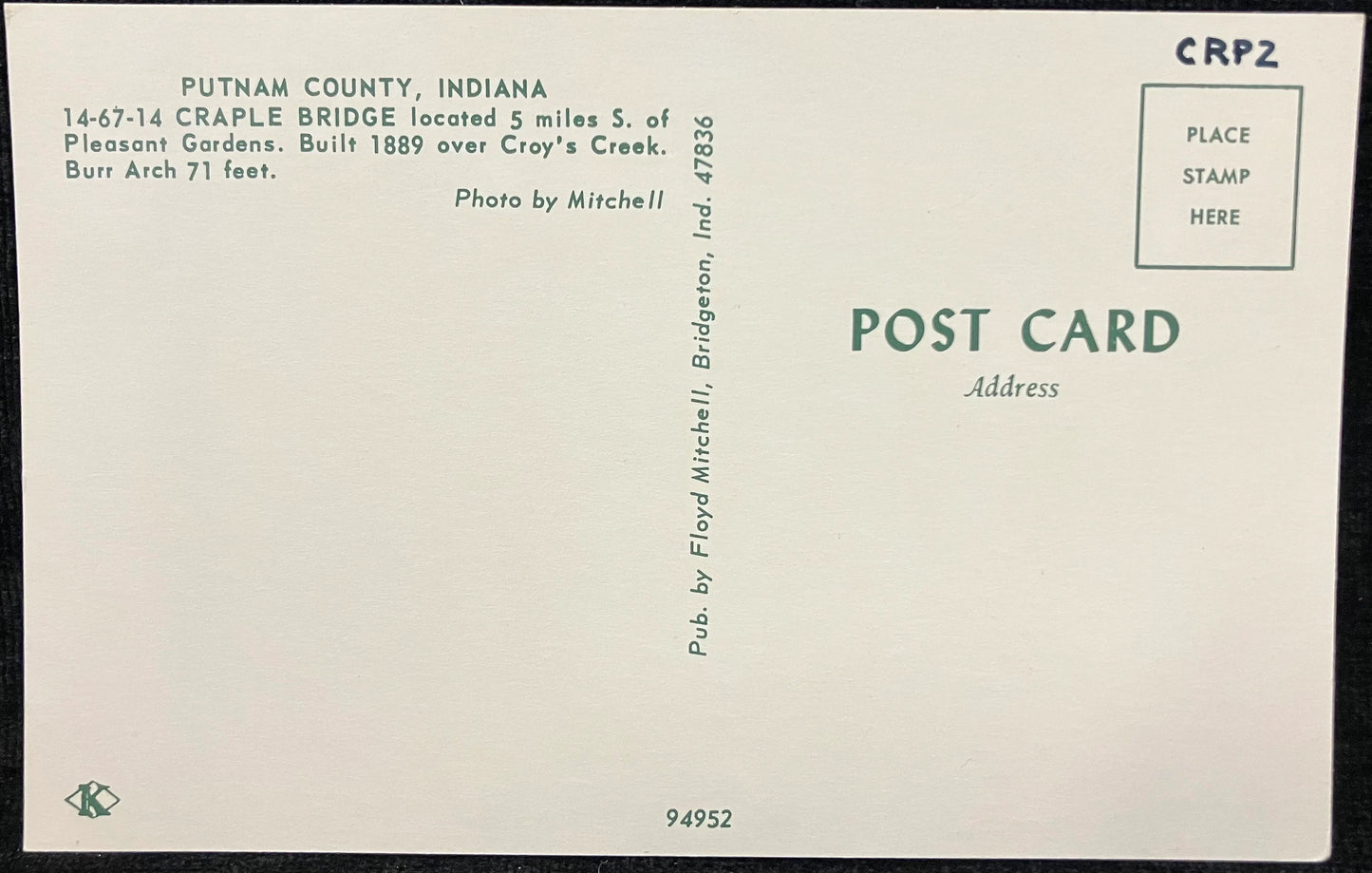 Craple Bridge in Putnam County, Indiana - Photo: Mitchell - Vintage Covered Bridge Postcard