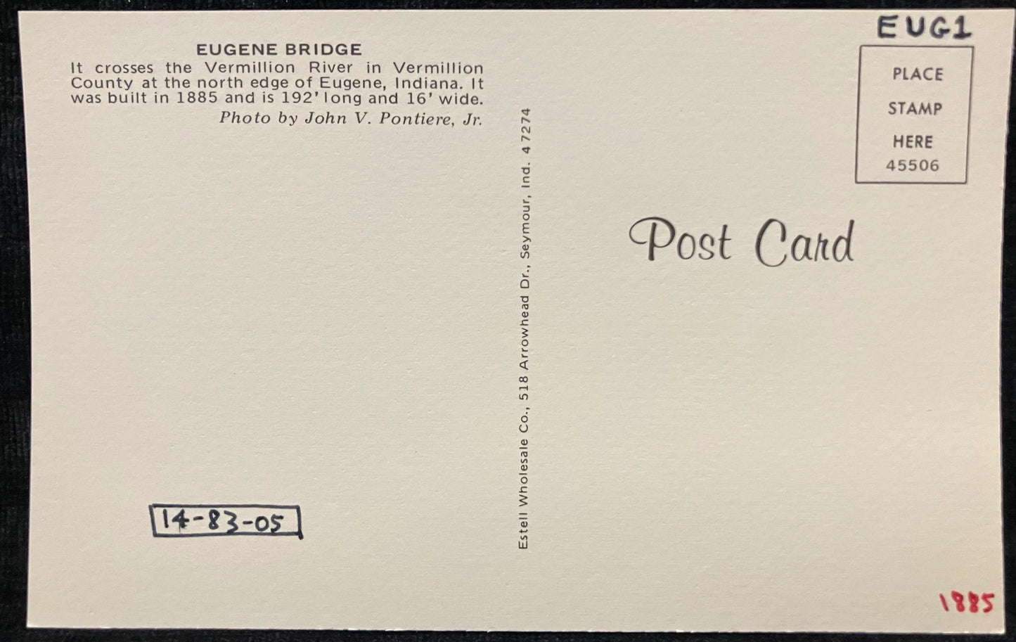Eugene Bridge over Vermillion River - Indiana - Photo: John V. Pontiere Jr. - Vintage Covered Bridge Postcard