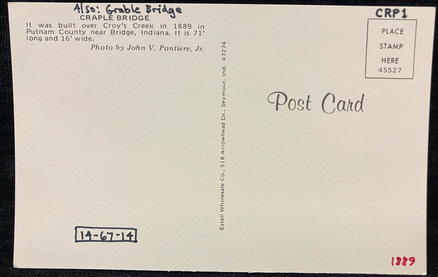 Craple Bridge in Putnam County, Indiana - Photo: John V. Pontiere Jr. - Vintage Covered Bridge Postcard