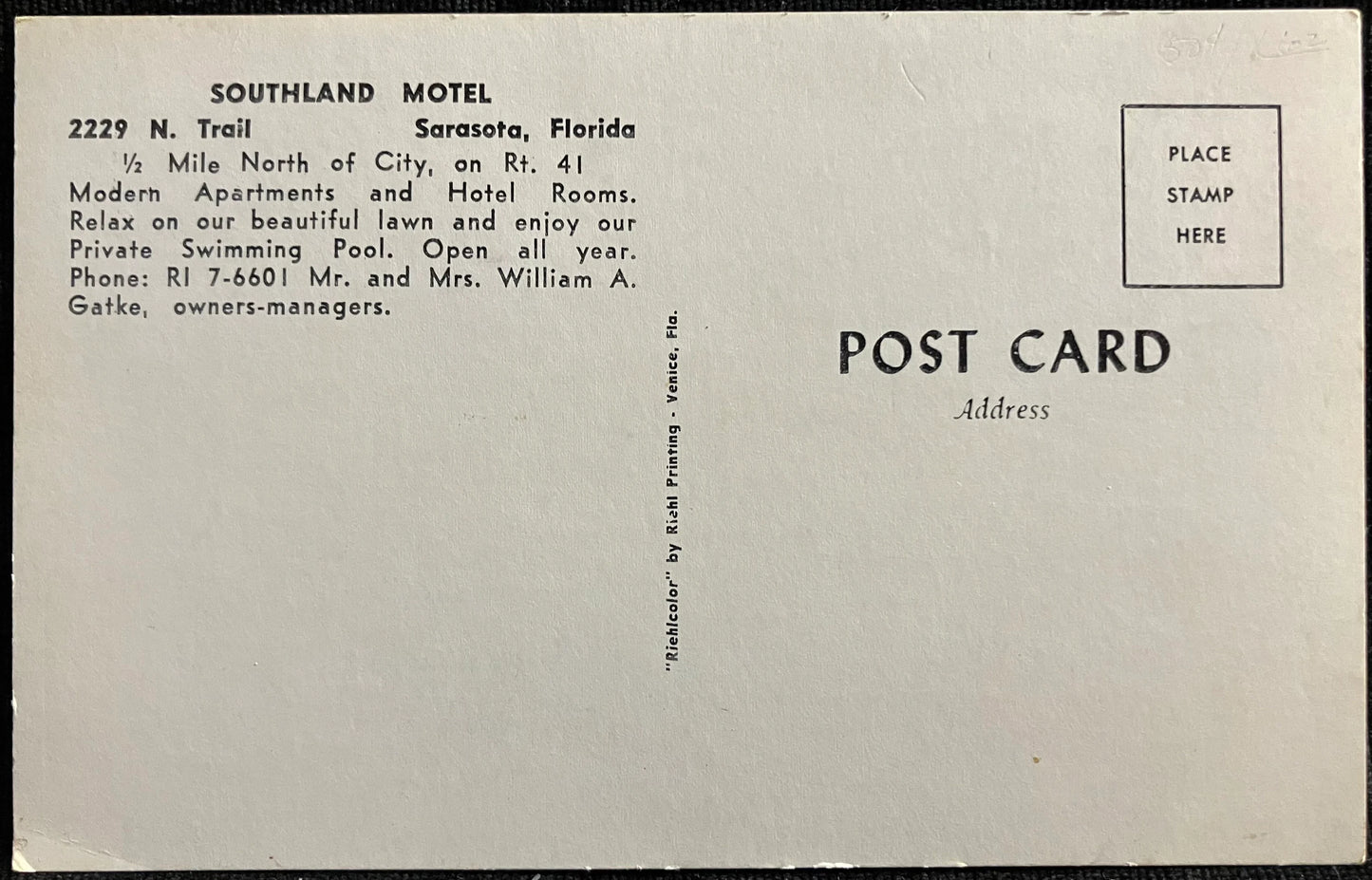 Southland Motel in Sarasota, Florida - Vintage Motel Postcard