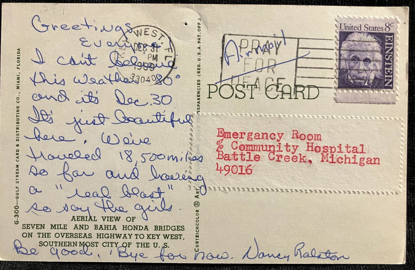 Greetings from the Overseas Highway, Florida - Eight-cent Einstein stamp - Vintage Bridge Postcard