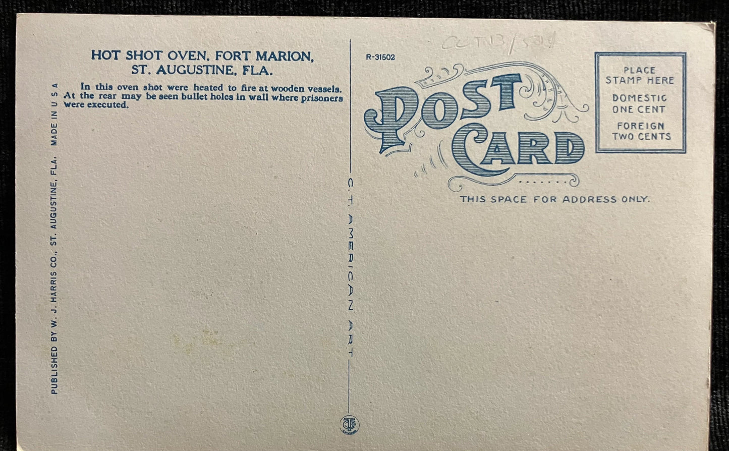 Hot Shot Oven, Fort Marion, St. Augustine, Florida - Copyrighted W. J. Harris - Vintage Postcard