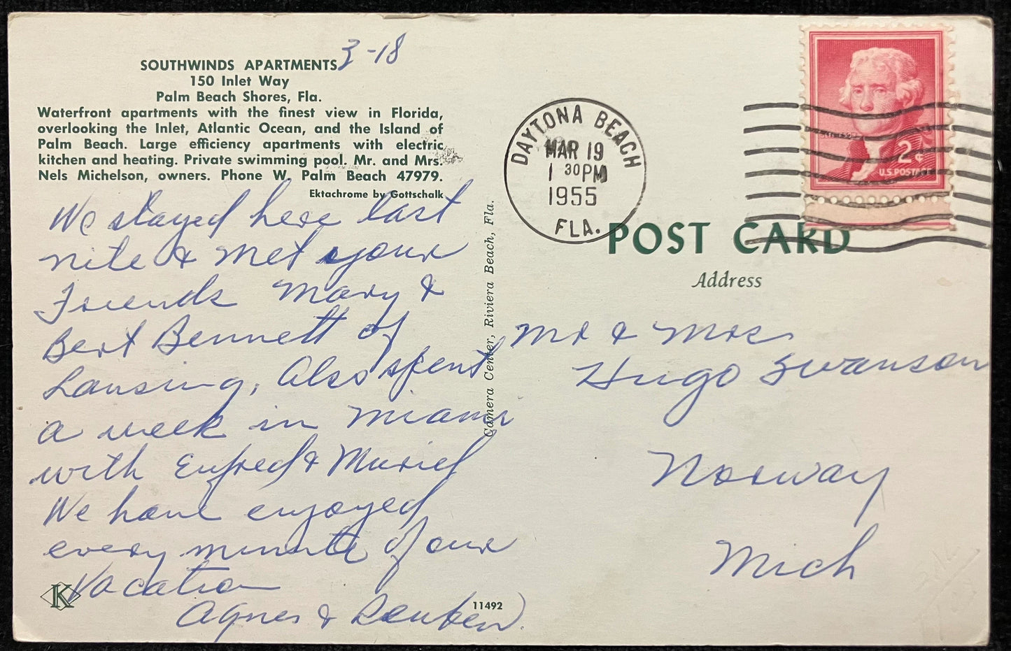 South Winds Apartments in Palm Beach Shores, Florida - Ektachrome: Gottschalk - Vintage City Living Postcard