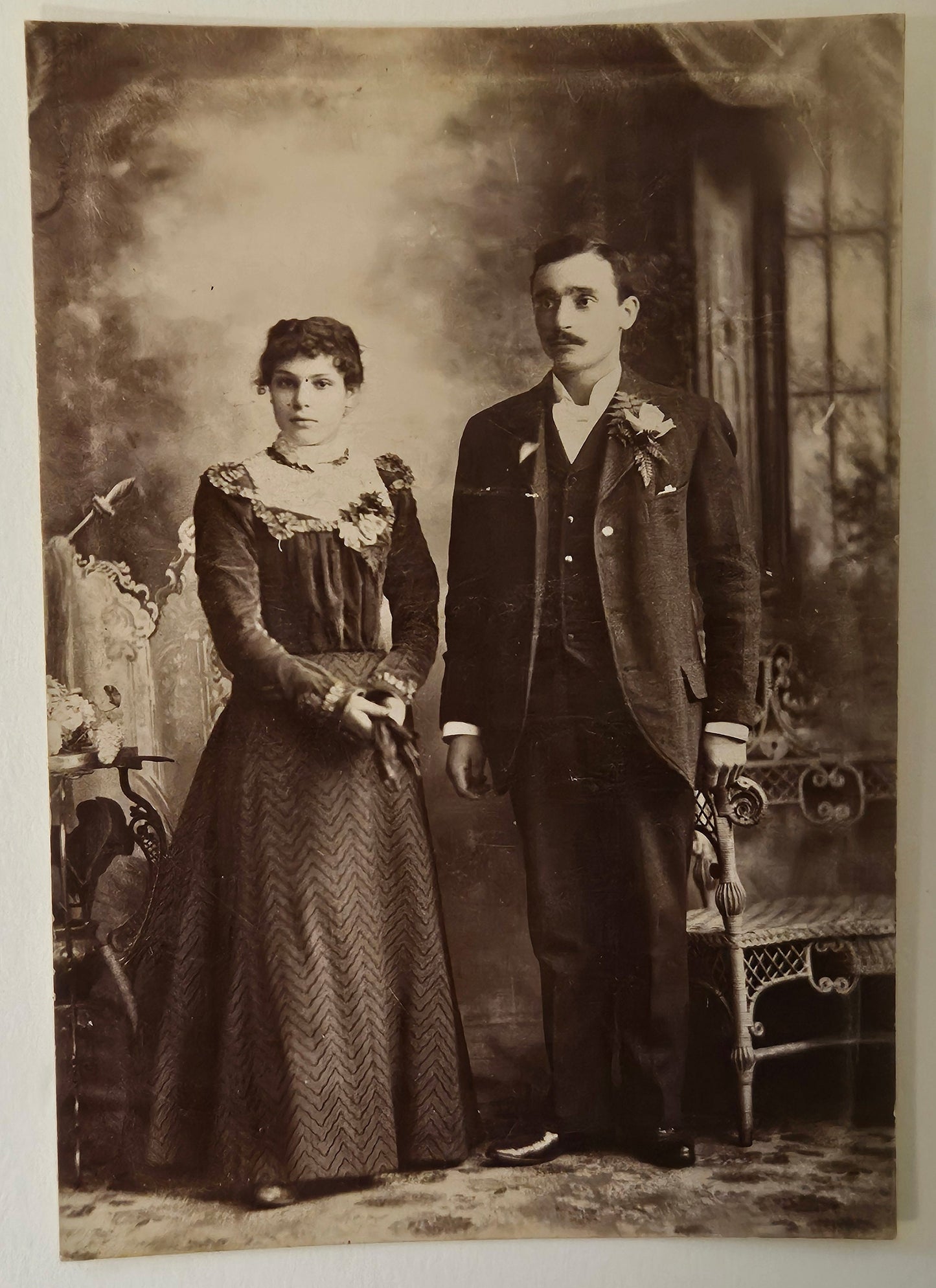 Edwardian Couple - Great Sepia Tone Photo - Victorian Details - Staged Photo with Faux Background 1880s - Real Sepia tone Photo - no smiling