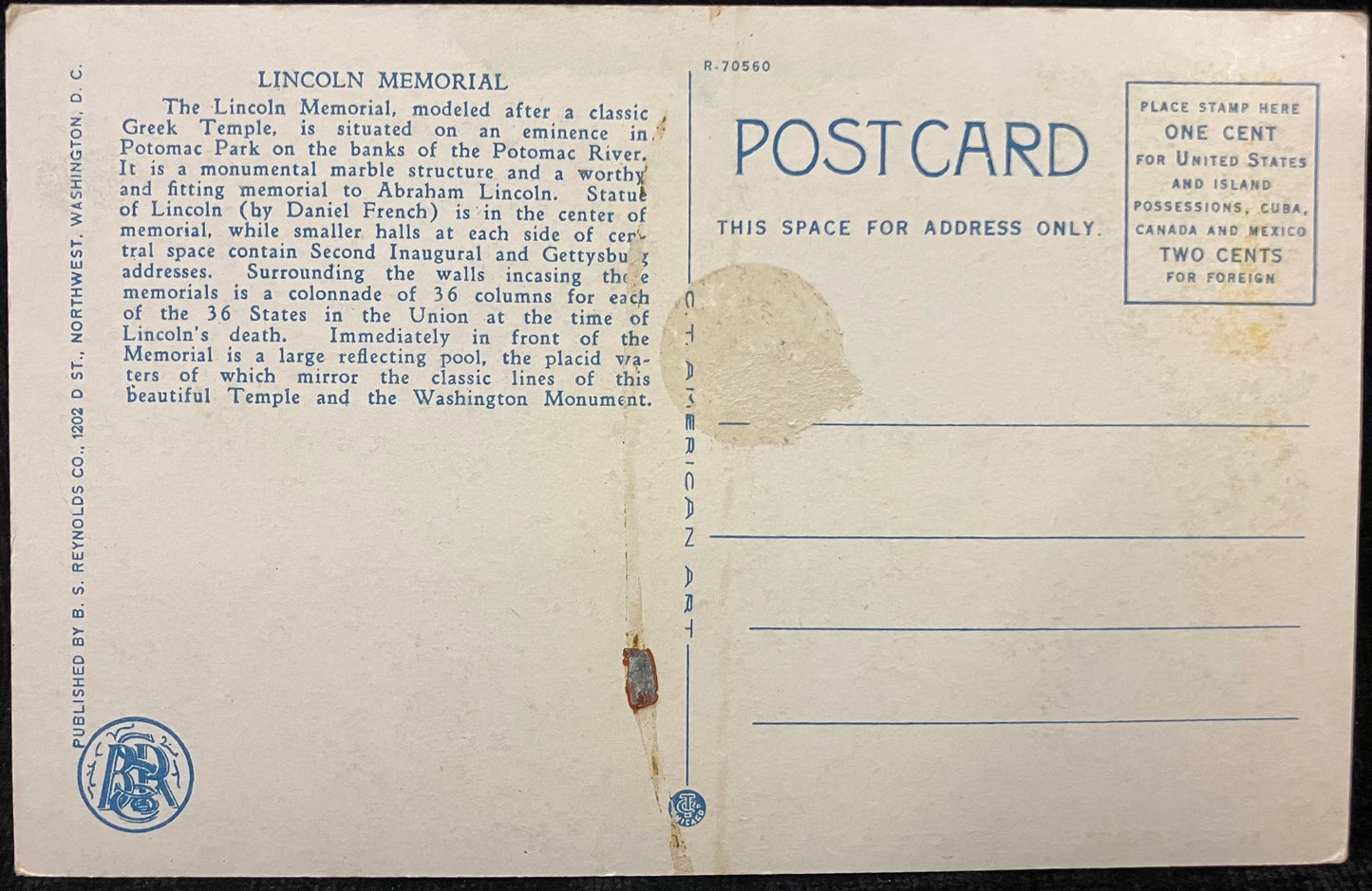Lincoln Memorial, Washington D. C., Maryland - Vintage Postcard