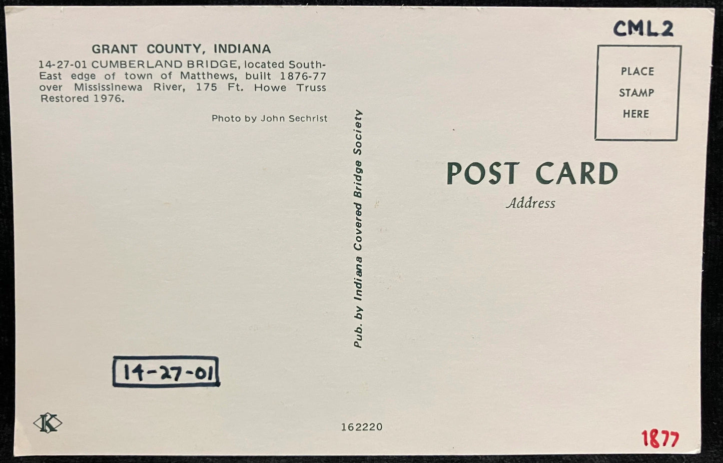 Cumberland Bridge in Grant County, Indiana - Photo: John Sechrist - Vintage Covered Bridge Postcard