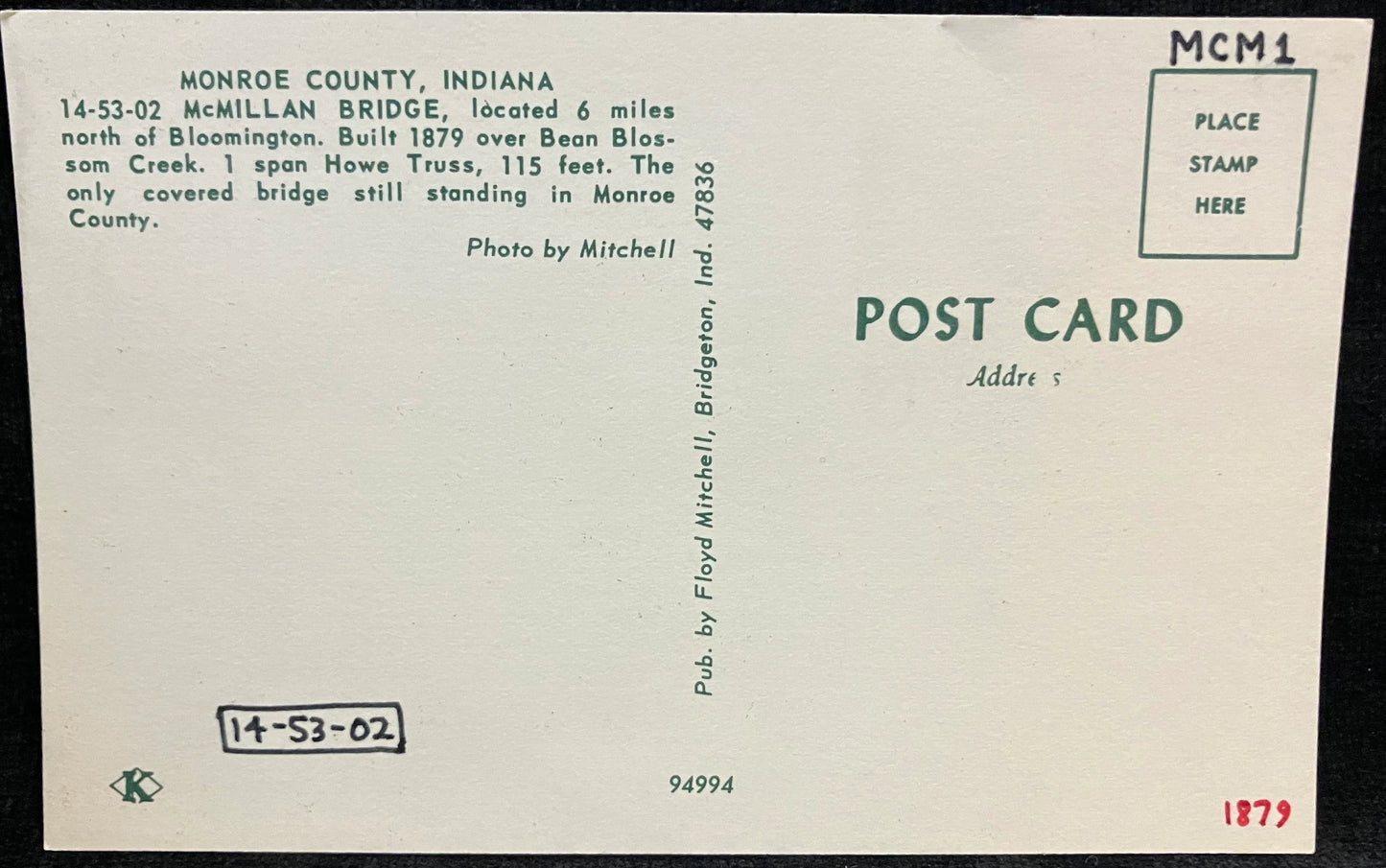 McMillan Bridge in Monroe County, Indiana - Photo: Mitchell - Vintage Covered Bridge Postcard