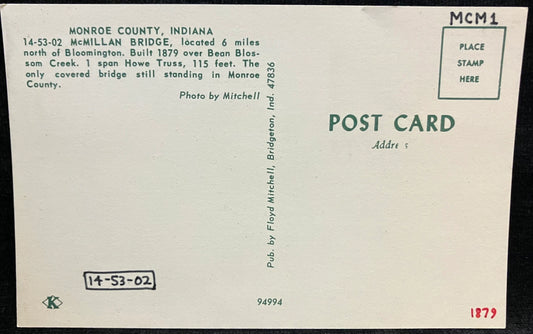 McMillan Bridge in Monroe County, Indiana - Photo: Mitchell - Vintage Covered Bridge Postcard