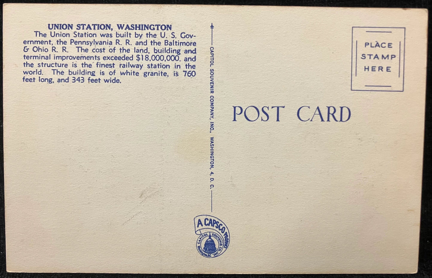 Union Station, Washington D. C., Maryland - (C) Underwood & Underwood - Vintage Train Station Postcard
