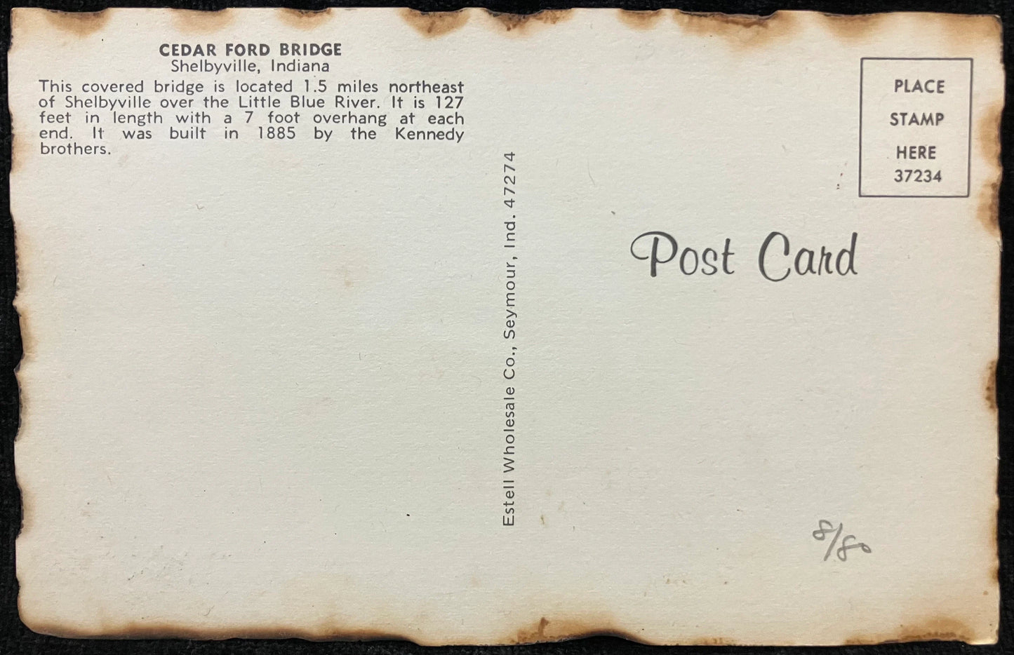 Cedar Ford Bridge in Shelbyville, Indiana - Vintage Covered Bridge Postcard