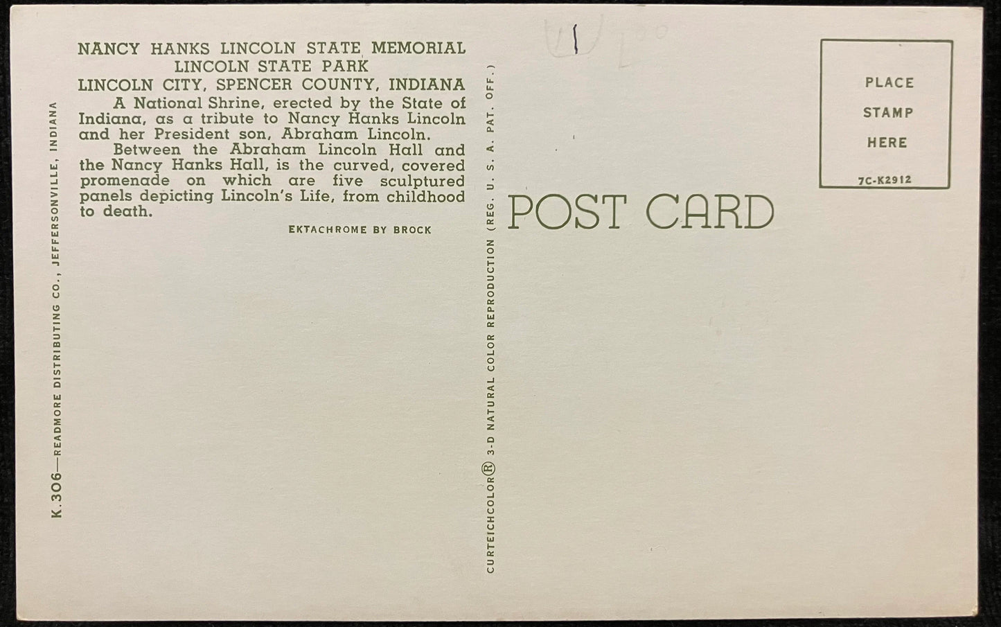 Nancy Hanks Lincoln State Memorial State Park - Lincoln City, Spencer County, Indiana - Vintage Park Postcard