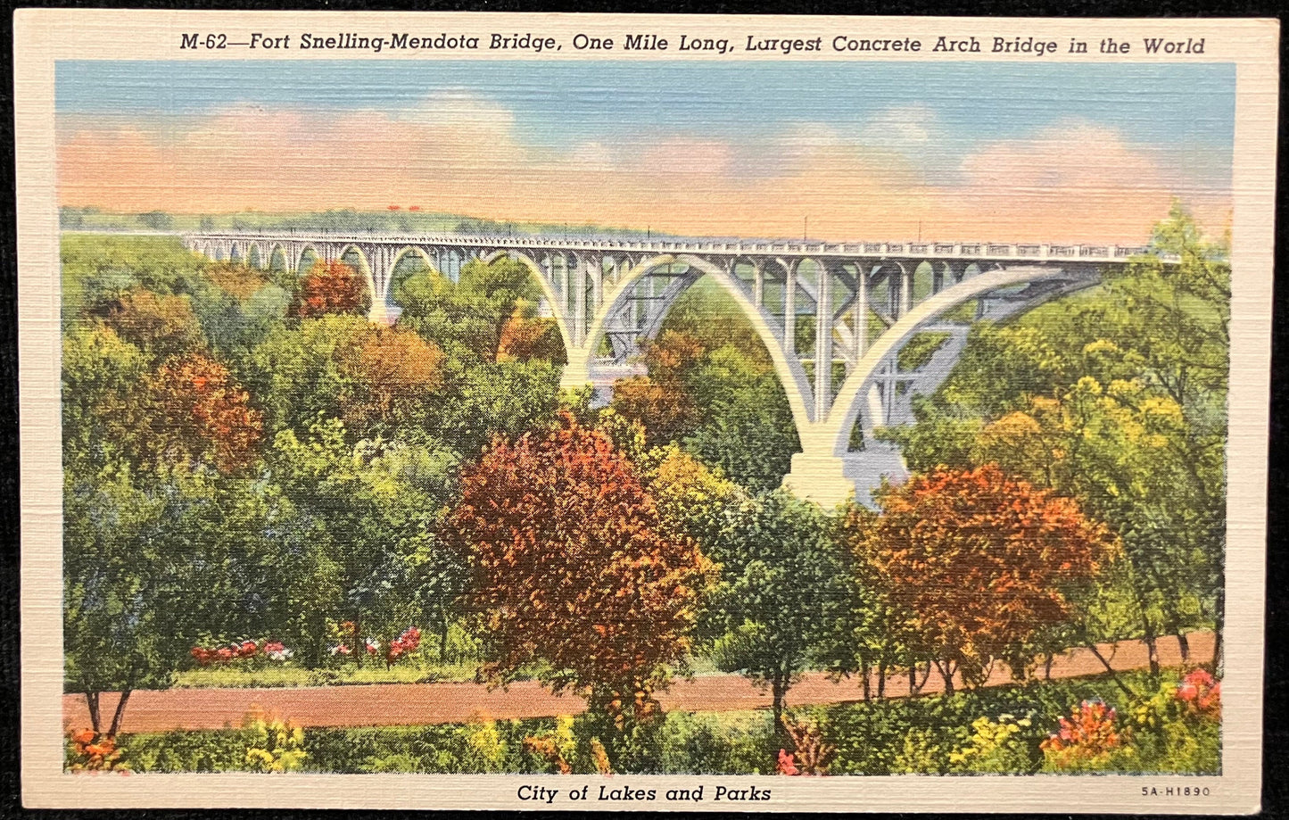 Fort Snelling-Mendota Bridge, One Mile Long, Largest Concrete Arch Bridge in the World - Minnesota - Vintage Bridge Postcard